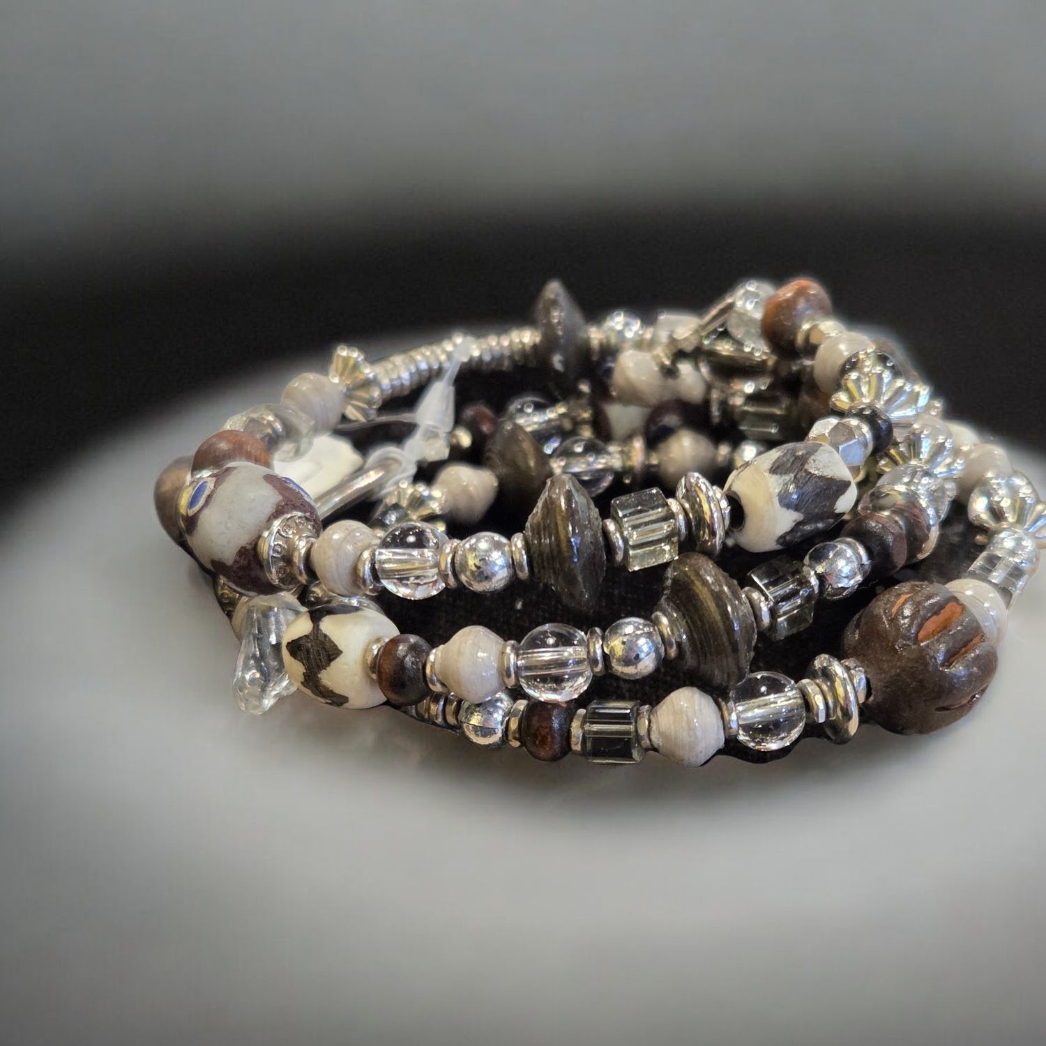 Nadeau Bracelet Memory Wire Wrap Wood and African Clay