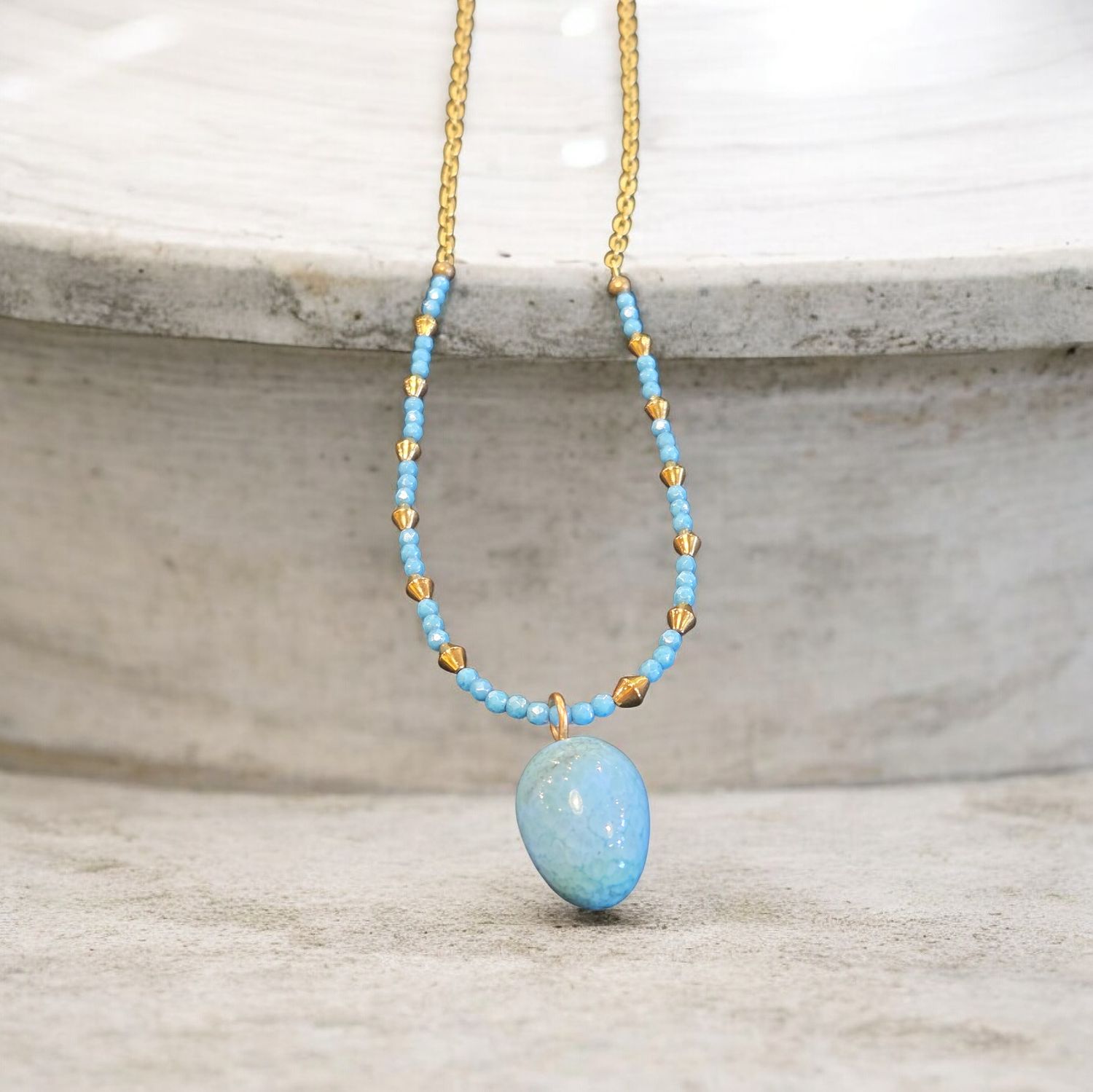 Nadeau Necklace Blue Lampwork on Gold Plated Chain