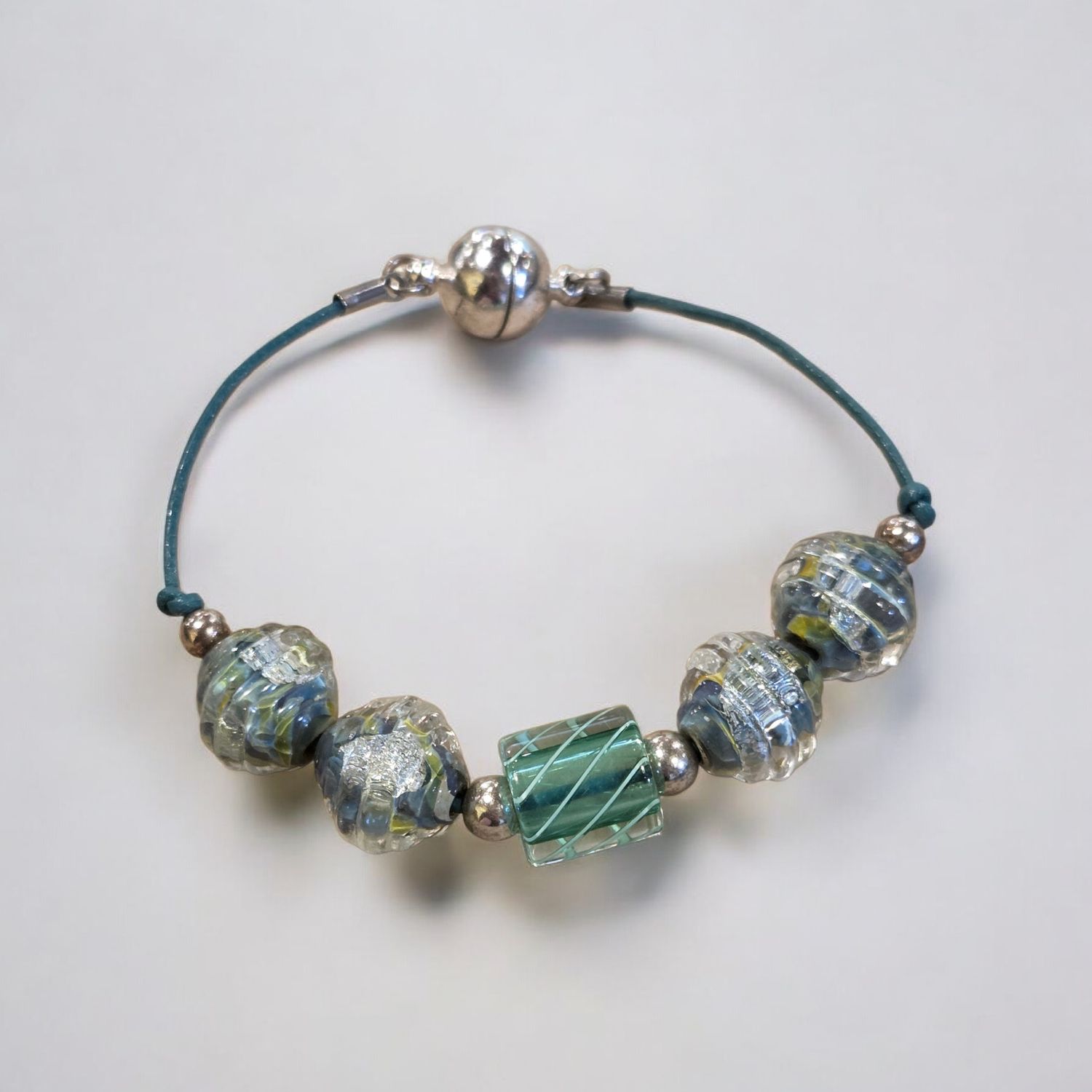 Nadeau Bracelet Green Lampwork and Cane Glass on Leather