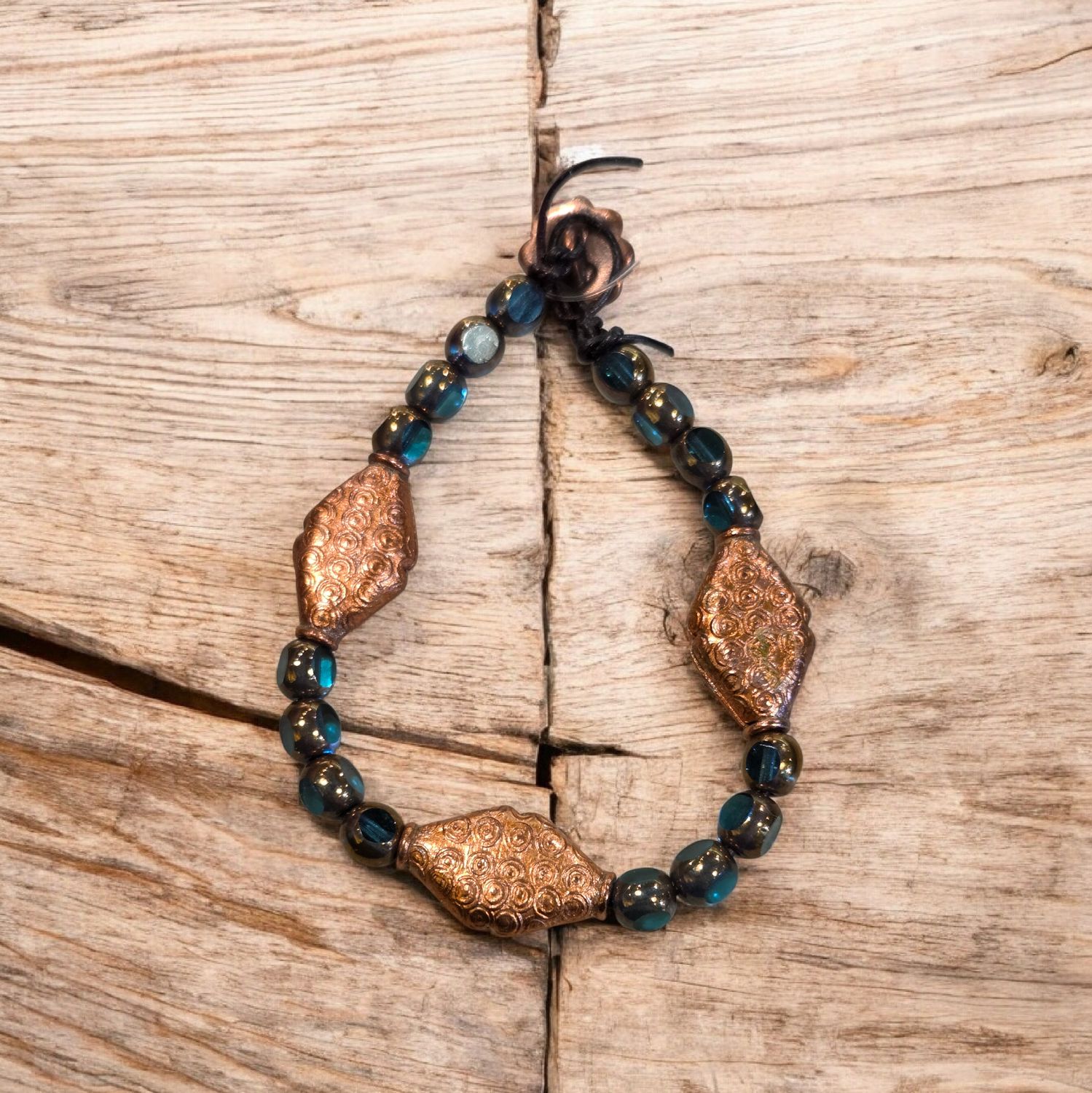 Nadeau Bracelet Fired Copper and Czech Glass on Leather