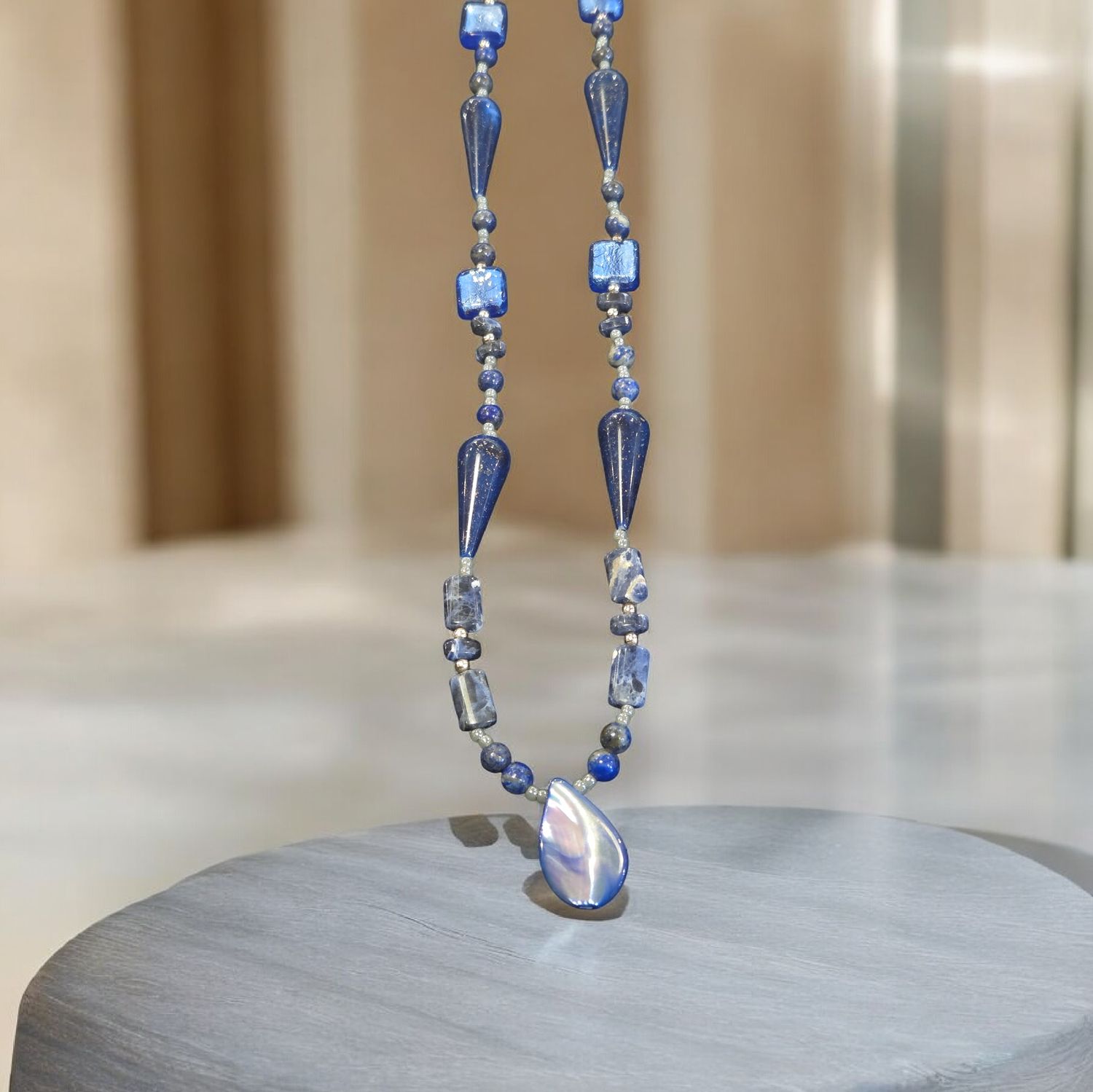 Nadeau Necklace Blue Lampwork, Lapis and Mother of Pearl