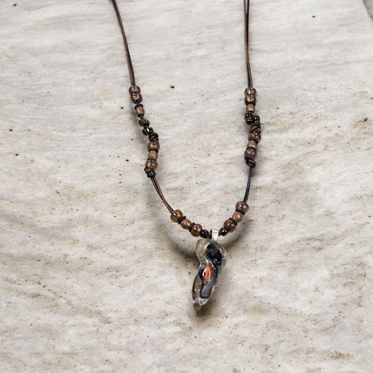 Nadeau Necklace Glass Drop with Copper and glass beads on Leather