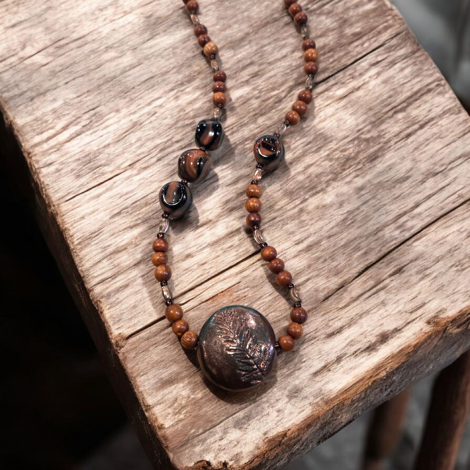 Nadeau Necklace Artisan Clay Pendant with Tiger Eye Beads on Copper