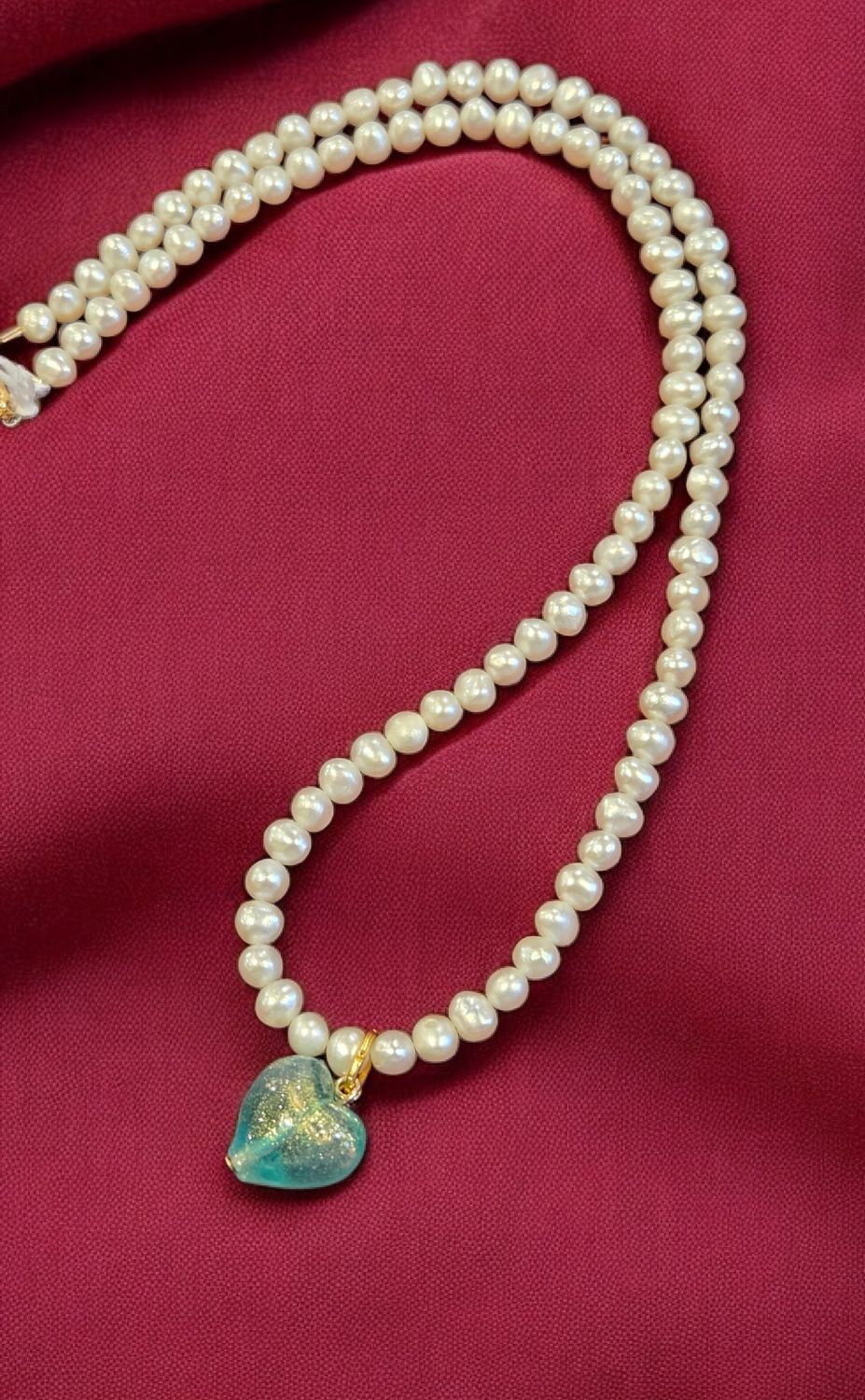 Trueworthy Necklace Large Freshwater Pearls with Aqua Murano Heart Charm