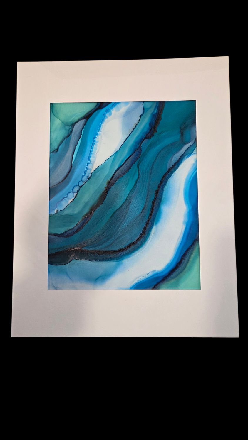 Putz Original- Blue and Green Bold Curves 2 Matted Painting 11x14