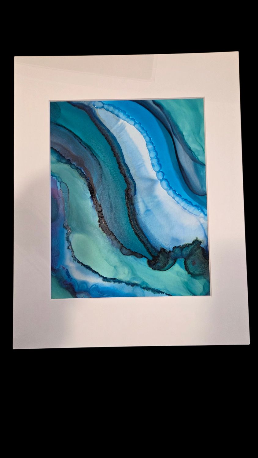 Putz Original- Blue and Green Bold Curves Matted Painting 11x14