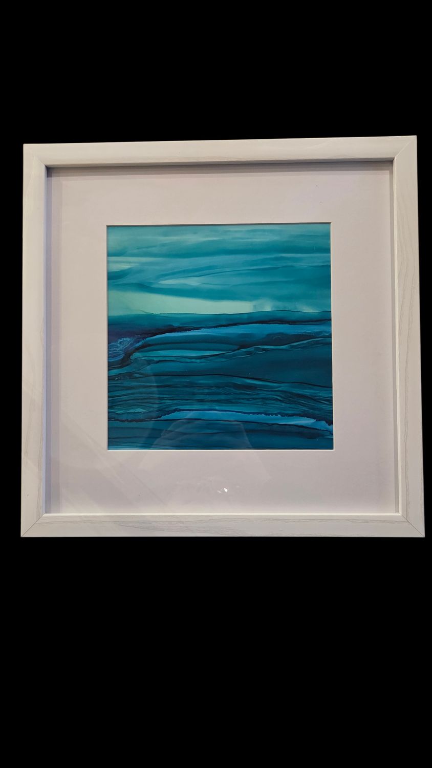 Putz Original- Green Sea Abstract Framed Painting 13x13