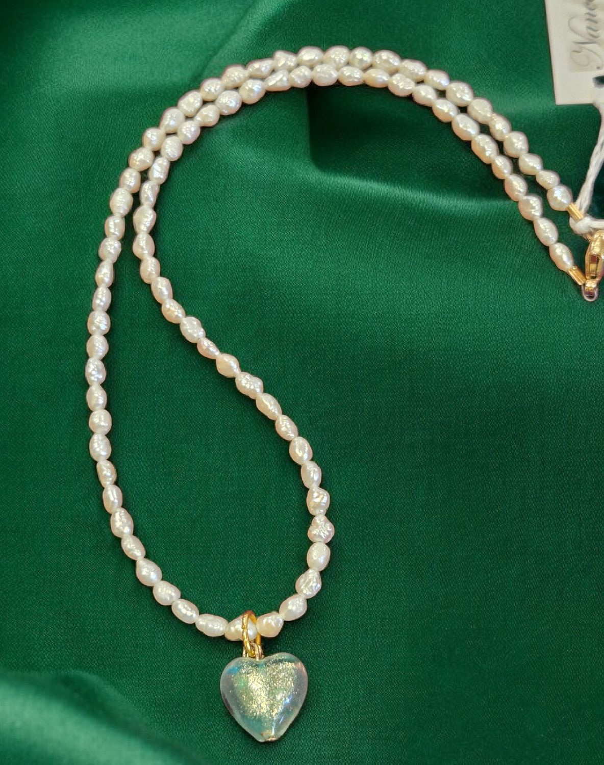 Trueworthy Necklace Small Freshwater Pearls with Aqua Murano Heart Charm