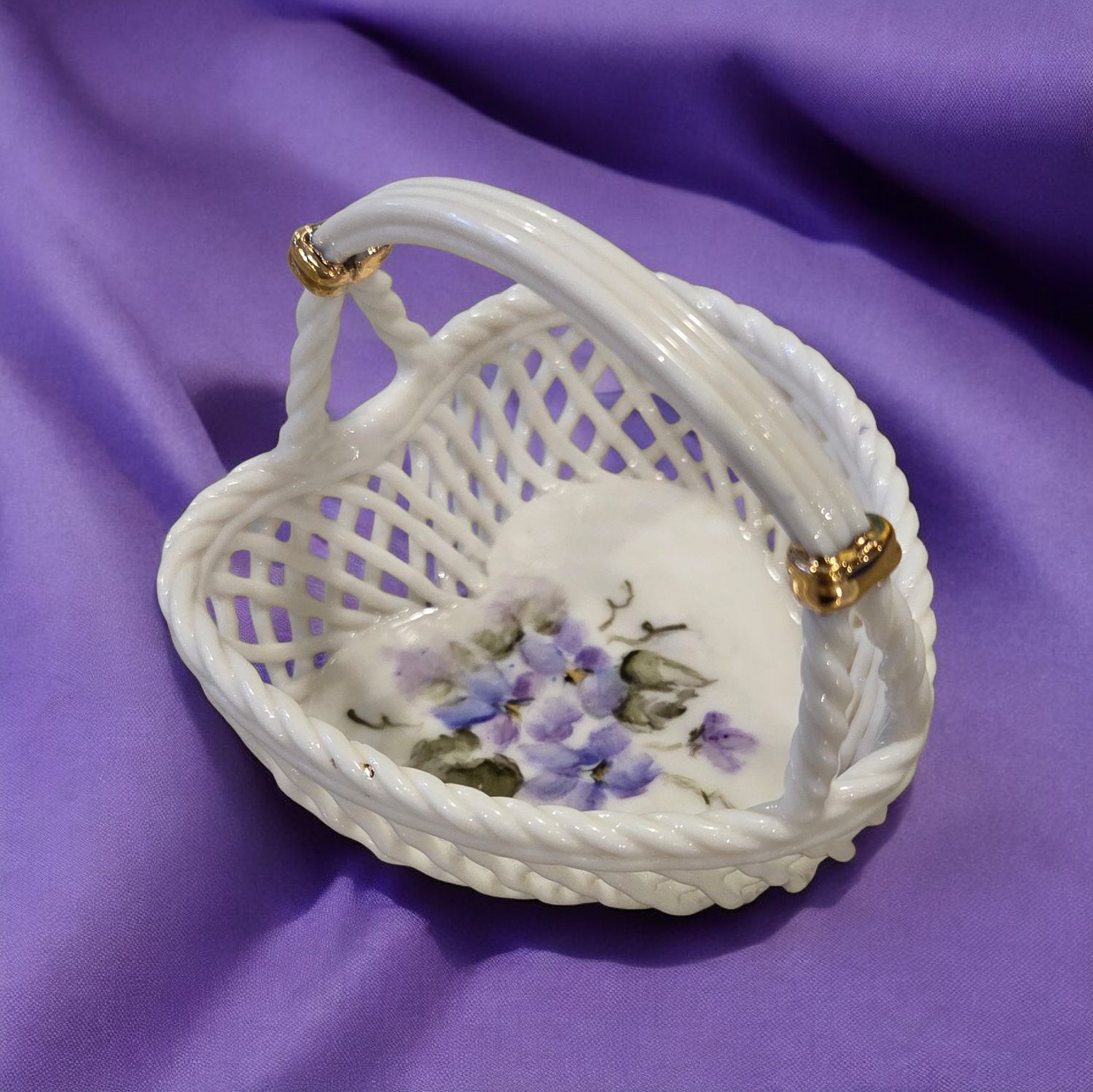 Ritz Porcelain Mini Heart Shaped Woven Basket with Gold Accents