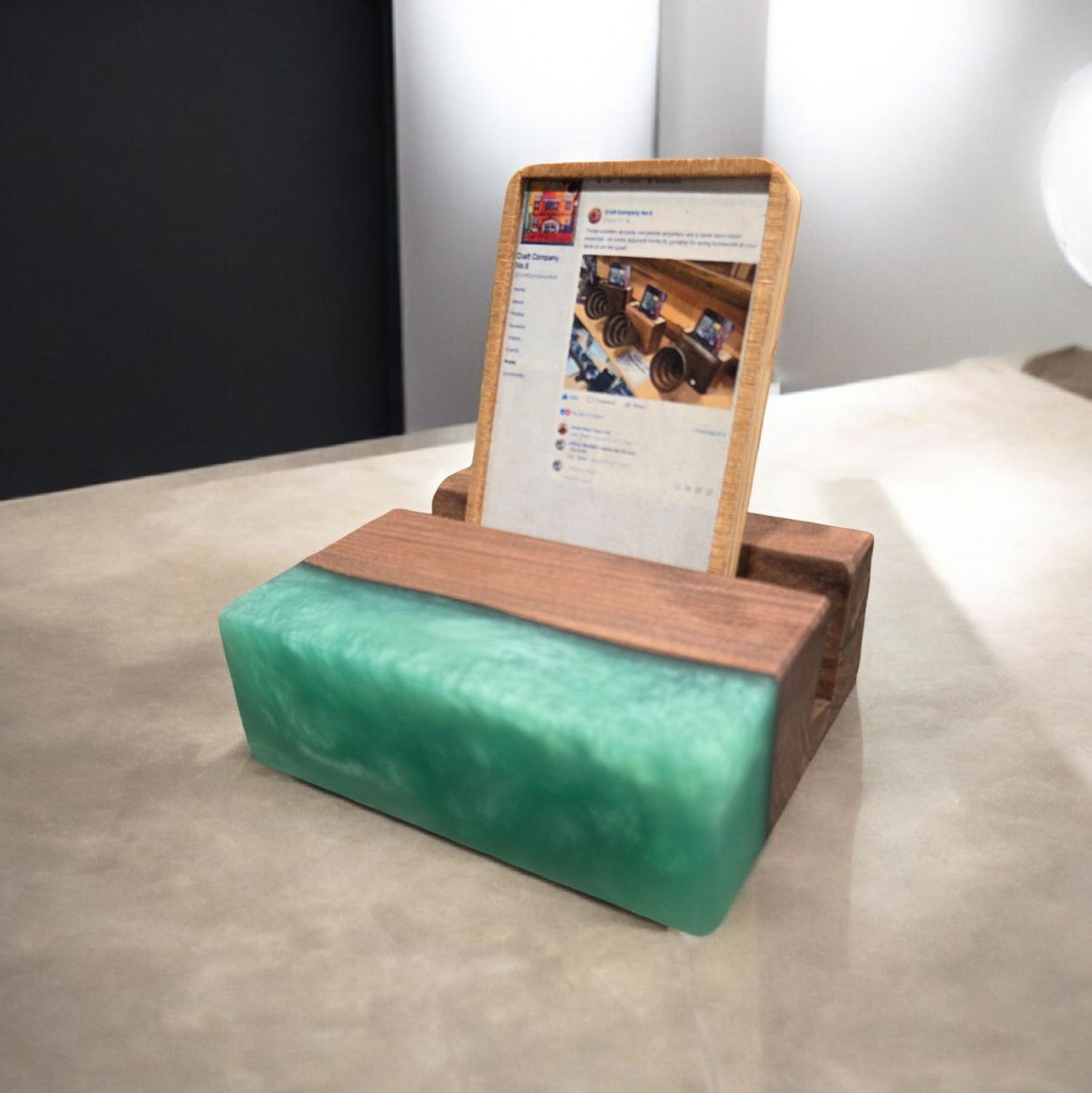 G.M. Cell Phone Stand Walnut with Sage Resin