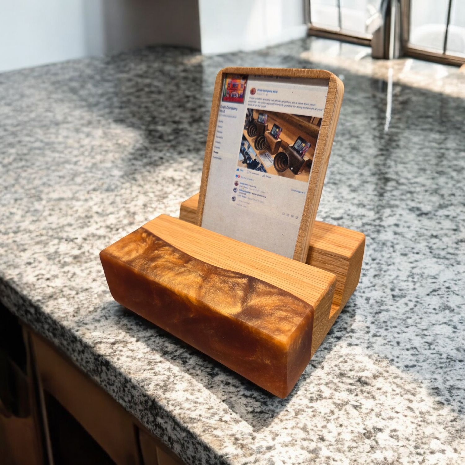 G.M. Cell Phone Stand Oak with Bronze Resin