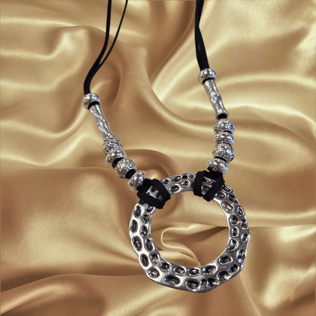 Ciufo Necklace Hammered Silver Circle and Silver Beads on Black Leather