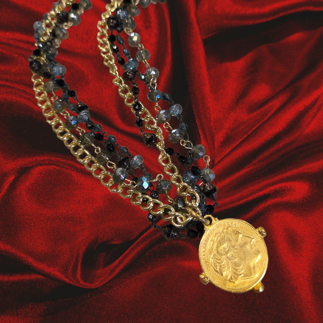 Ciufo Necklace 4 Strand Beaded and Chain with Roman Coin Motif