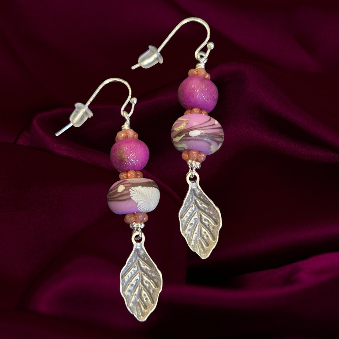 Whitney Earring Pink Polymer Clay with Patterned Polymer Clay Bead