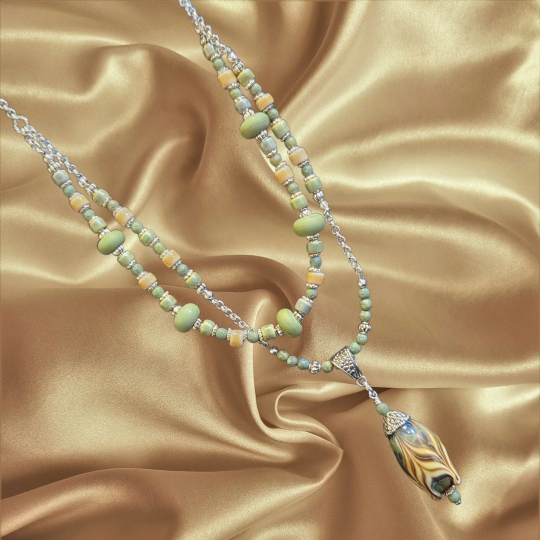 Whitney Necklace Green and Yellow Lampwork Glass, African Glass, and Clay