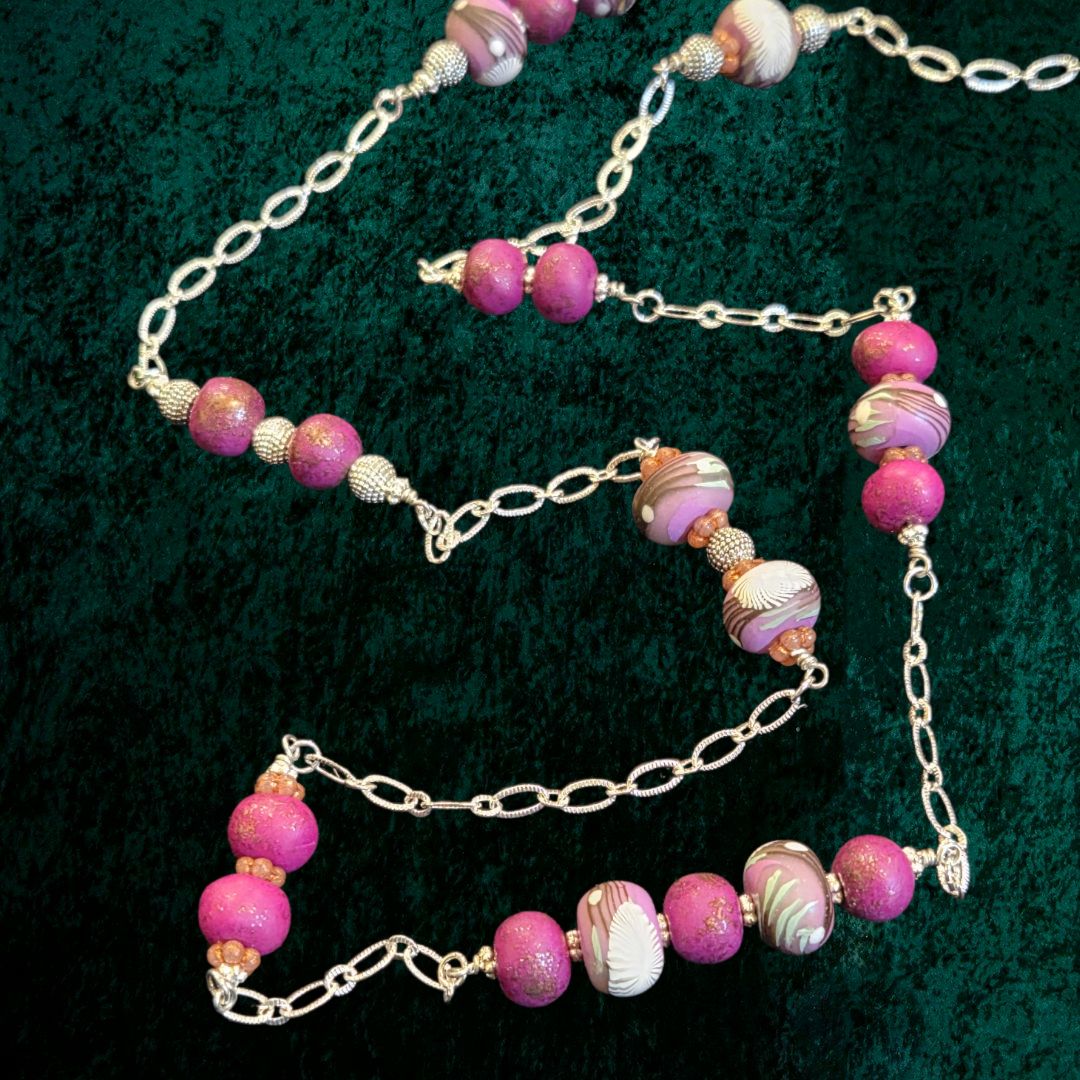 Whitney Necklace Sterling Chain with Pink Polymer Clay Clusters