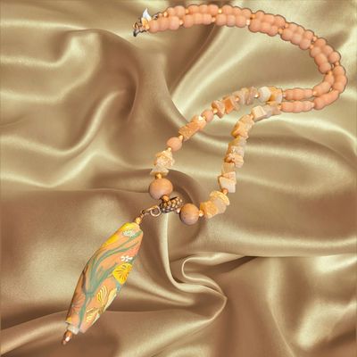 Whitney Necklace Peach Moonstone, African Glass, and Polymer Clay Pendant