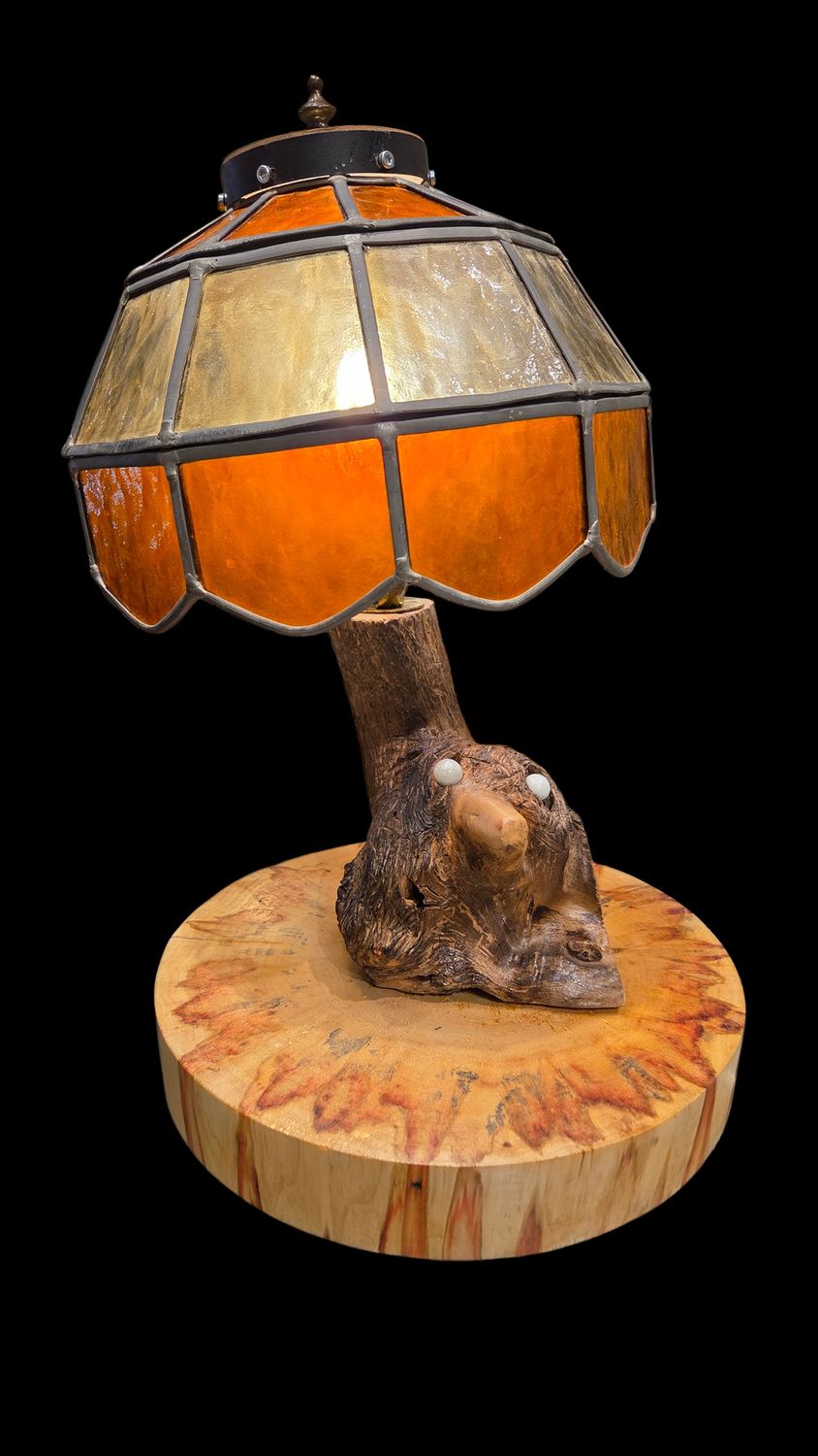 Grosz Stained Glass Lamp with Face and Wood Base