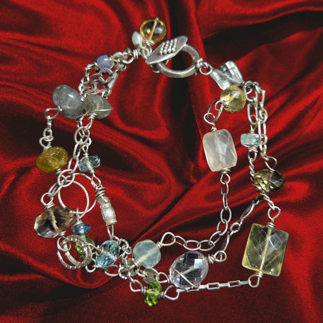 Robb Bracelet Triple Strand Mixed Gem with Sterling