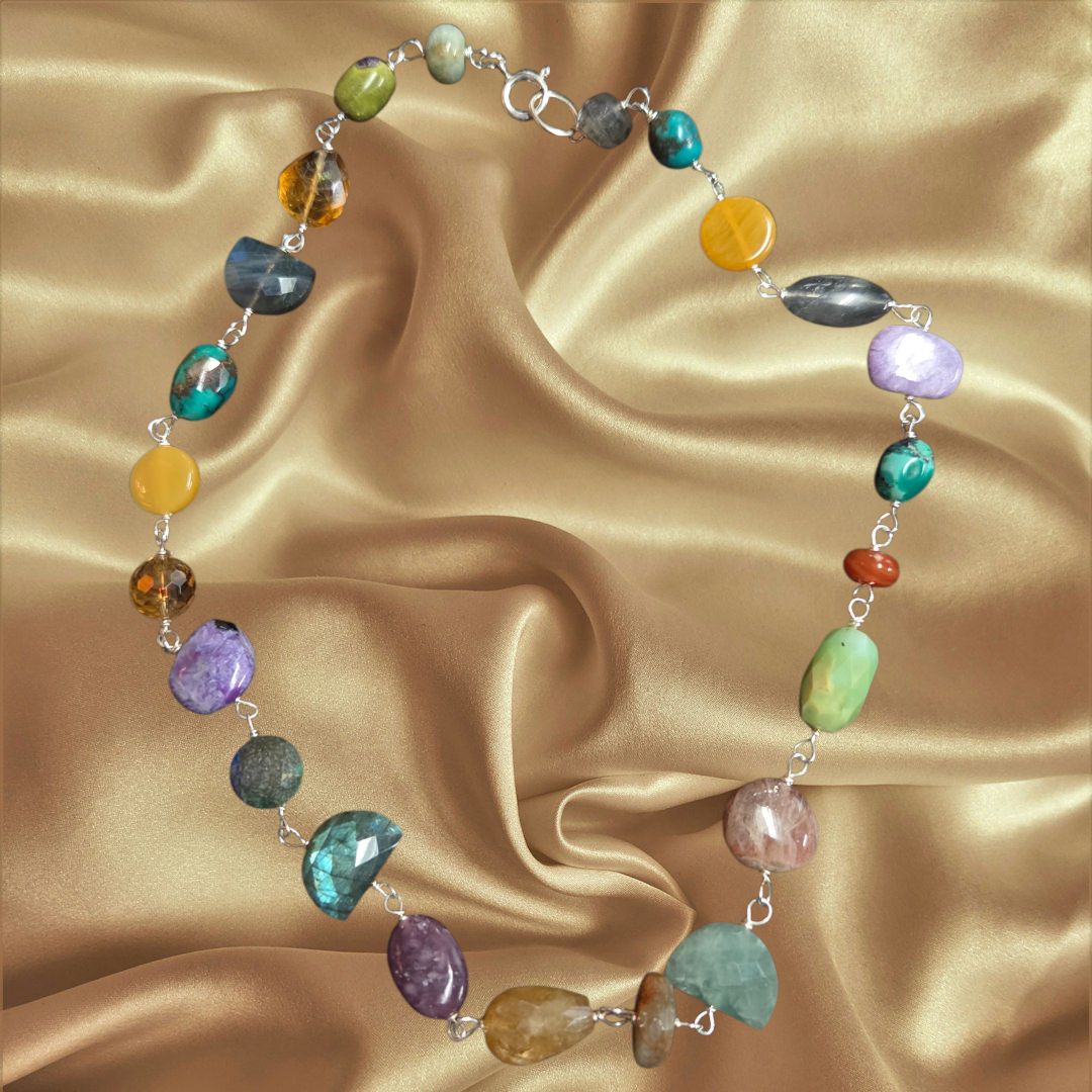 Robb Necklace Mixed Gemstones on Sterling Rosary