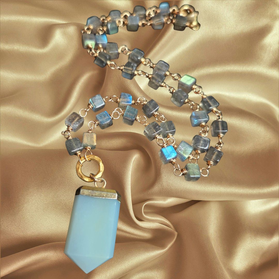 Robb Necklace Labradorite Cube Rosary with Blue Calcite Pendant