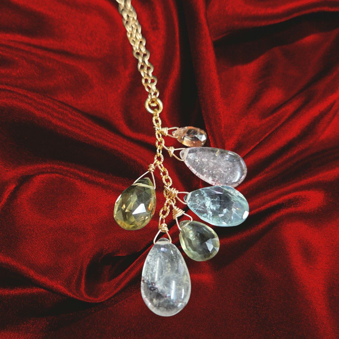 Robb Necklace Gold Fill with Aquamarine and Multi Quartz Gemstone Cluster