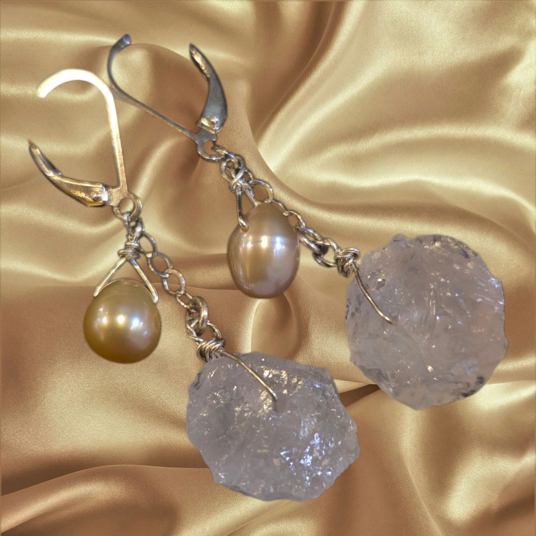 Robb Earring Raw Rose Quartz and Pink Pearl