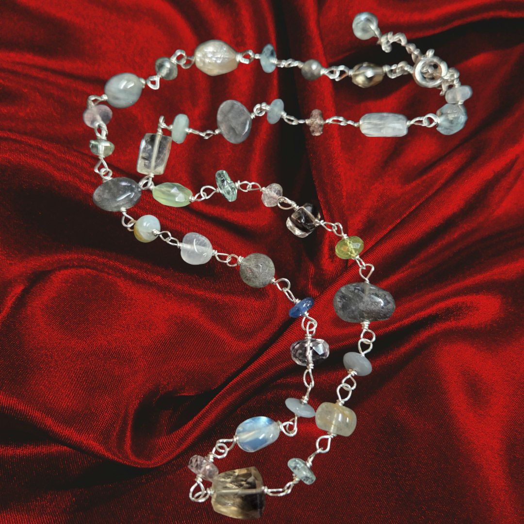 Robb Necklace Neutral Mixed Gemstones on Sterling Rosary