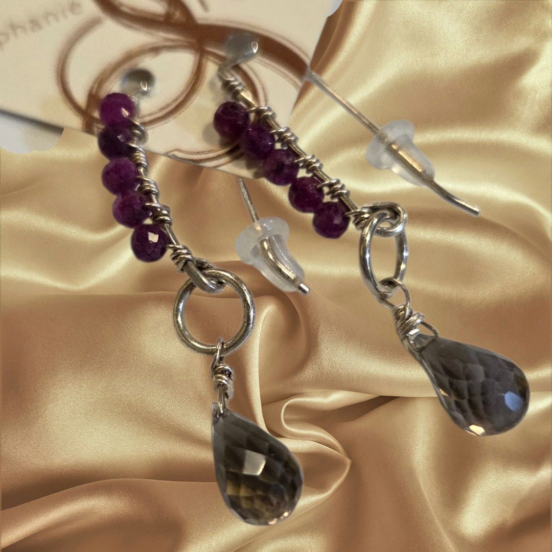 Robb Earring Ruby and Smoky Quartz Briolette