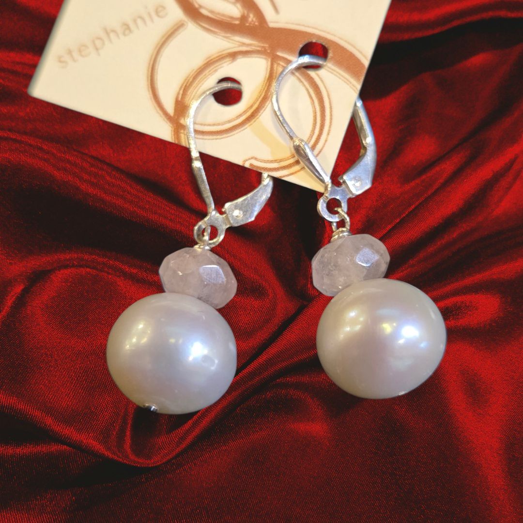 Robb Earring Faceted Rose Quartz and Pearl