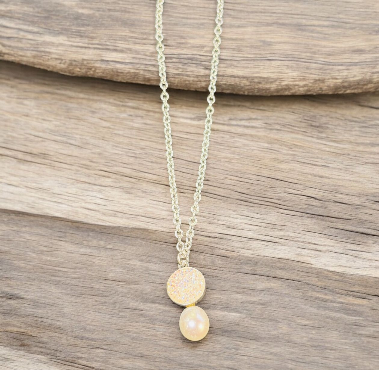 Keleher Necklace White Druzy with Freshwater Pearl