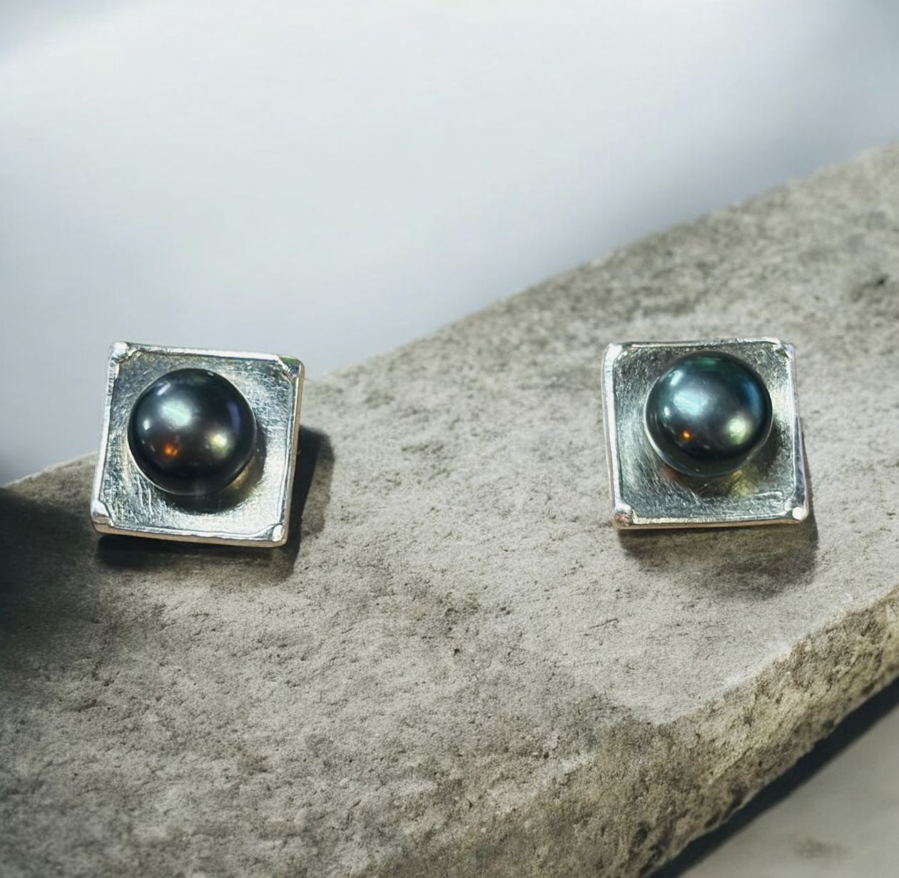 Keleher Earrings Square Posts with Black Pearl Small