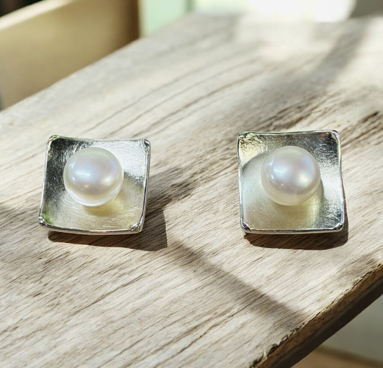 Keleher Earrings Square Posts with White Pearl Medium