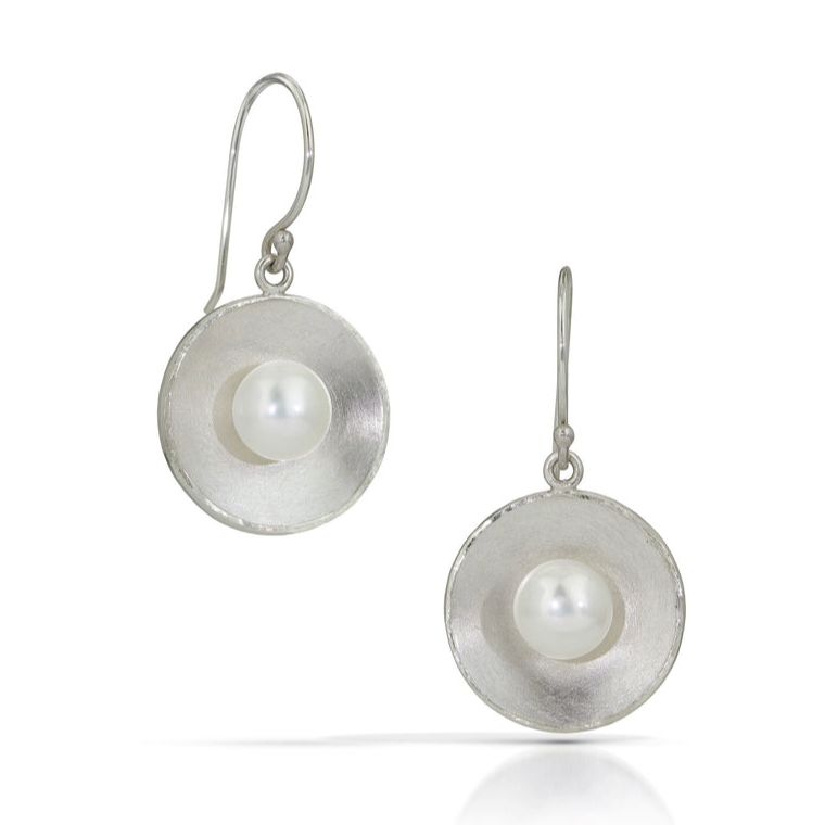 Keleher Earrings Sterling Circles with White Pearls Medium
