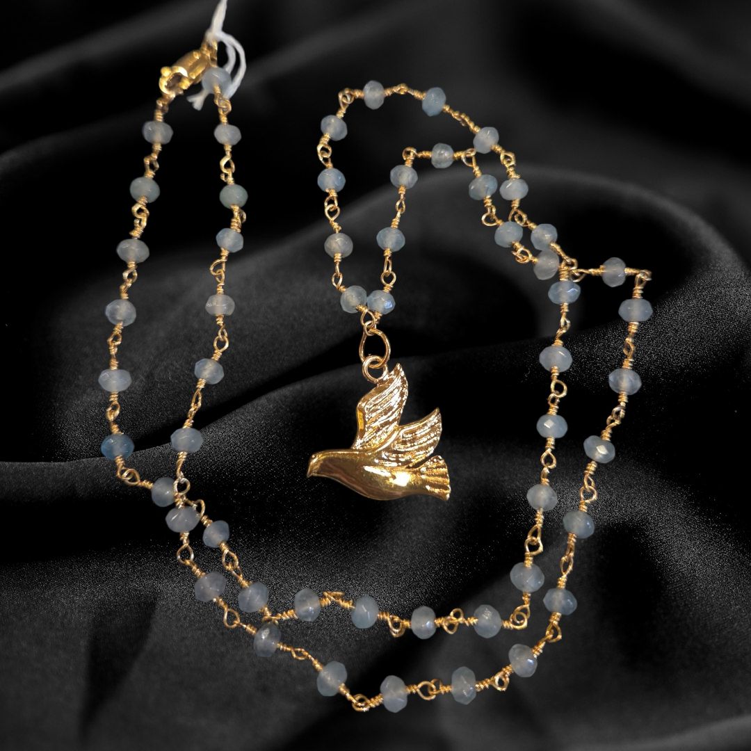 Trueworthy Necklace Rosary Style Blue Chalcedony with Gold Dove