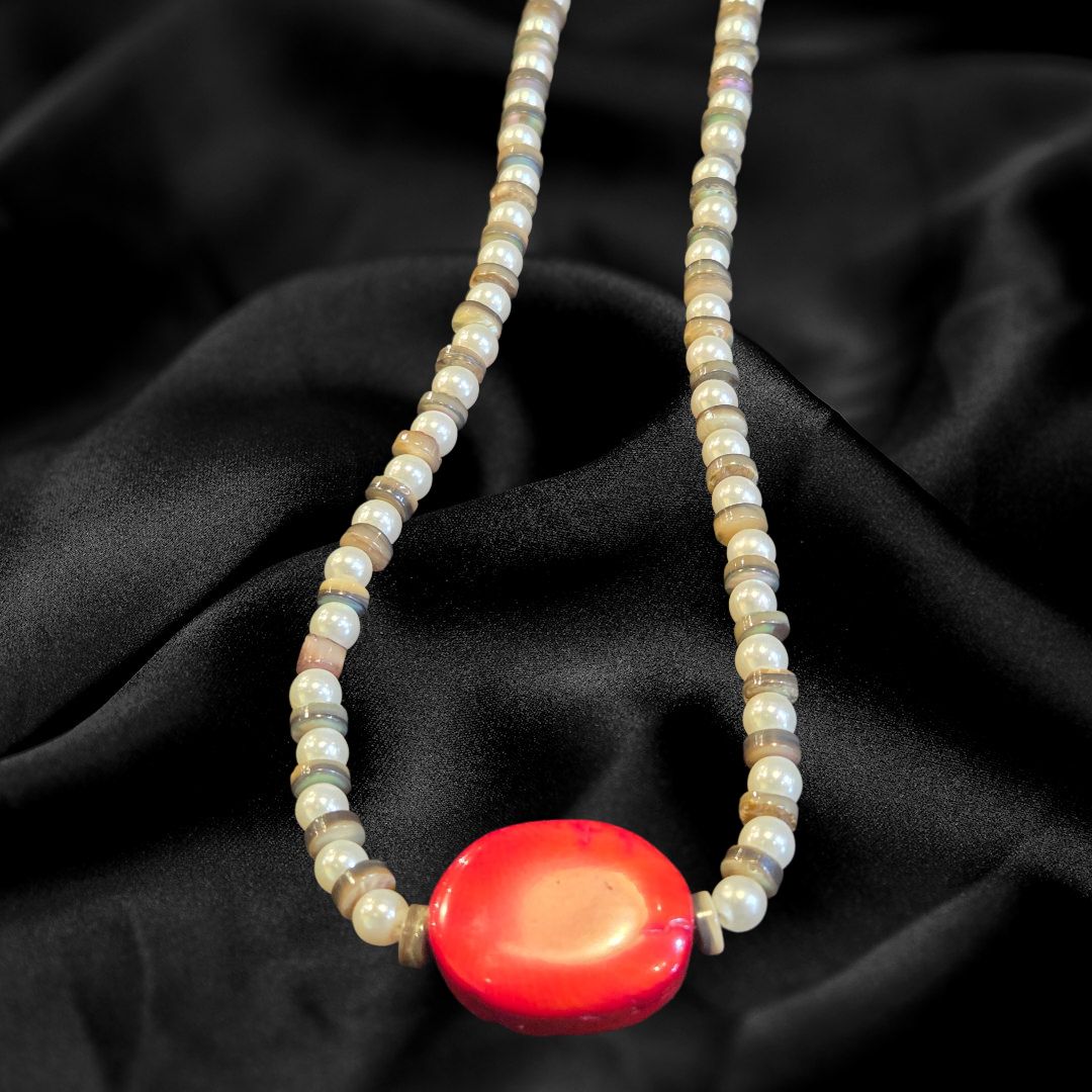 Duyssen Necklace Pearls, Abalone, and Red Coral