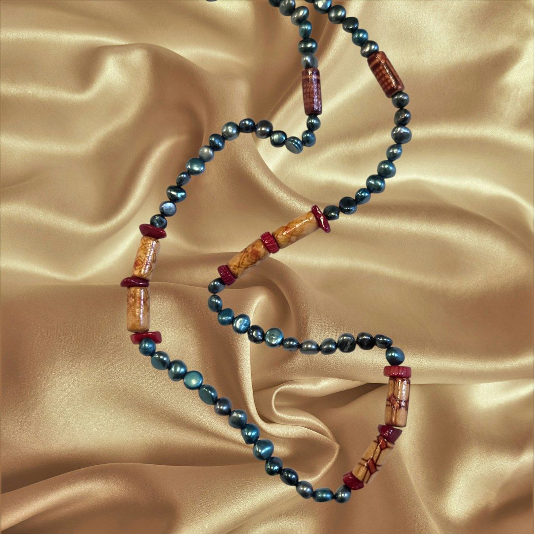 Duyssen Necklace Dyed Peacock Pearls, Red Coral Chips, Wooden Beads