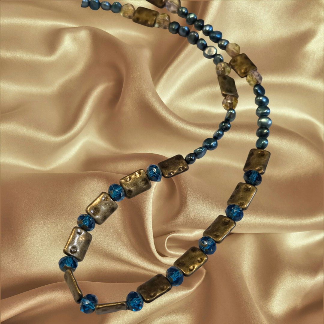 Duyssen Necklace Dyed Peacock Pearls, Golden Metal Beads, Blue and Yellow Glass Beads