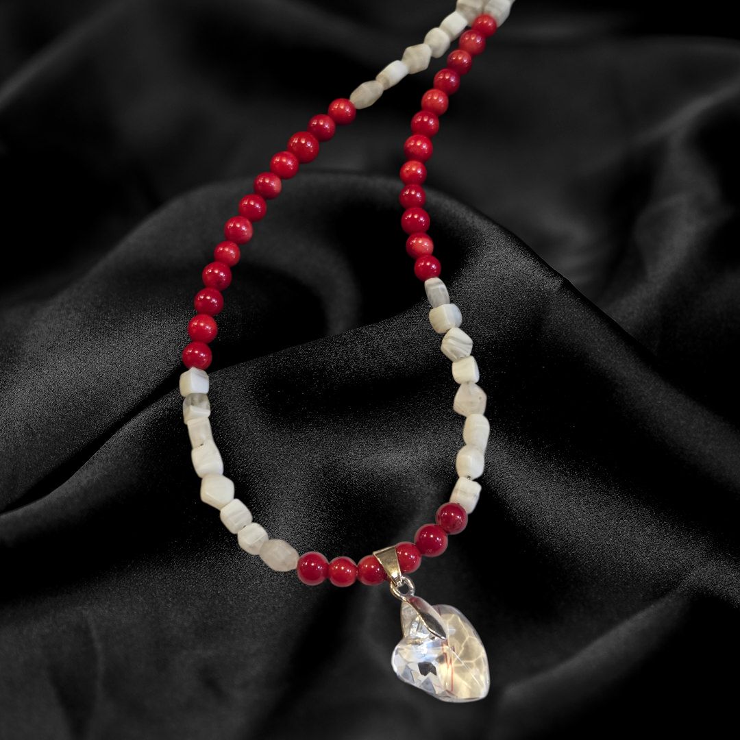 Duyssen Necklace Red Coral and White Howlite with Crystal Heart Pendent
