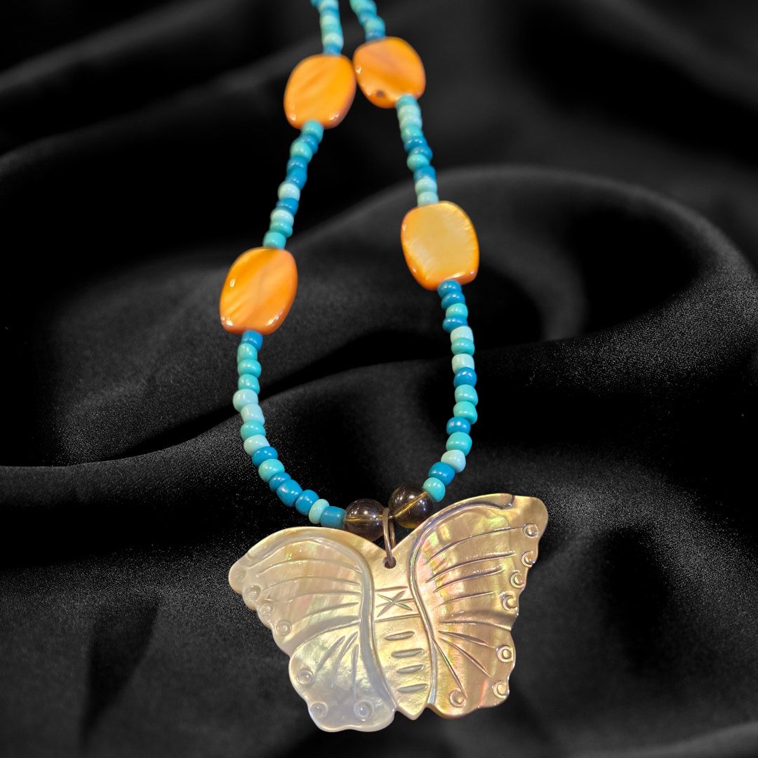 Duyssen Necklace Turquoise and Aquamarine with Abalone and Abalone Butterfly Pendent