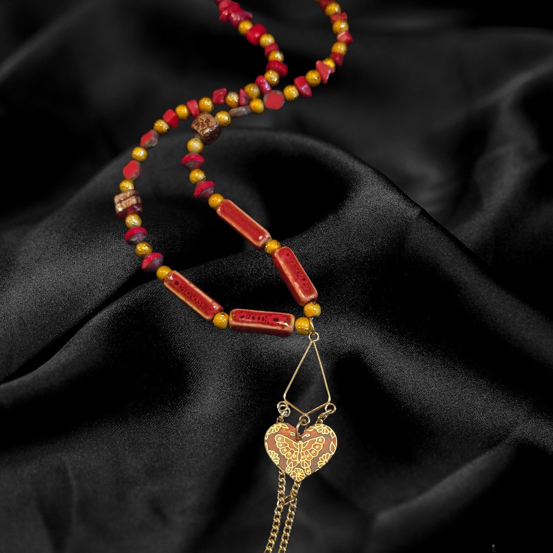 Duyssen Necklace Red Bamboo Coral, Glass Beads, Ceramic Beads, and Metal Heart Pendent