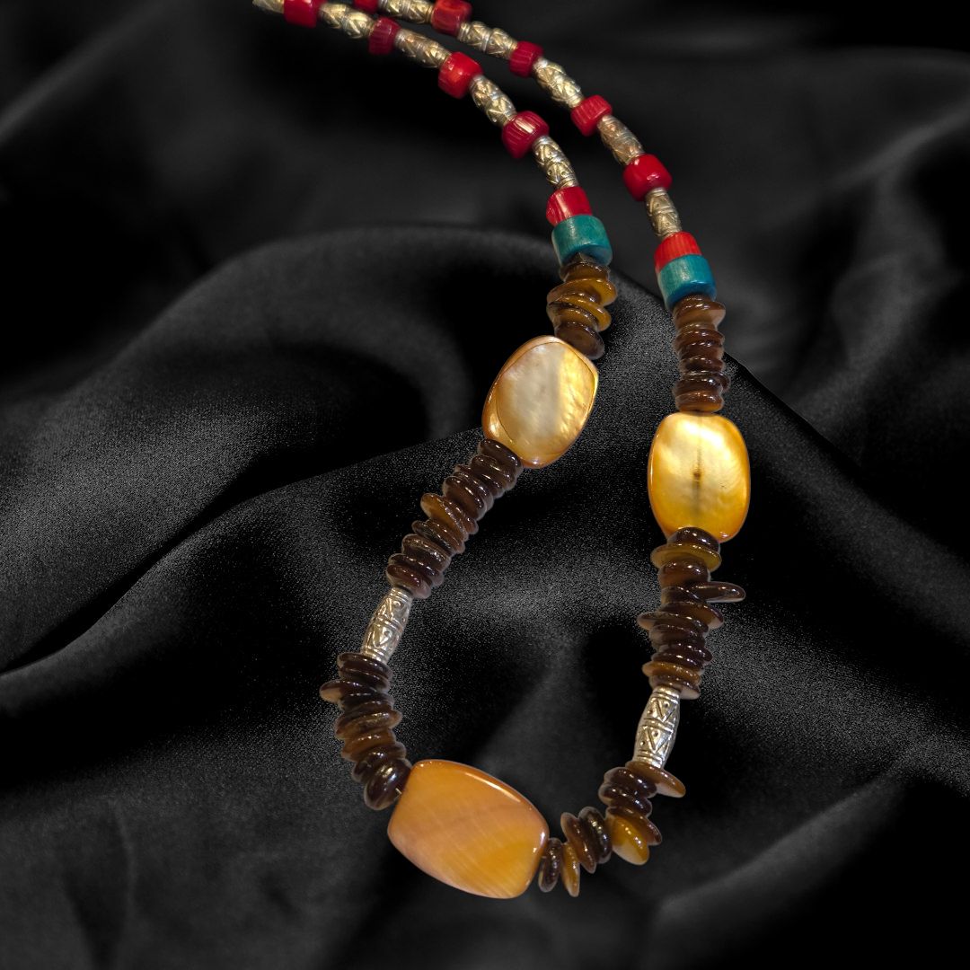 Duyssen Necklace Red Bamboo Coral, Metal and Wood Beads, Abalone