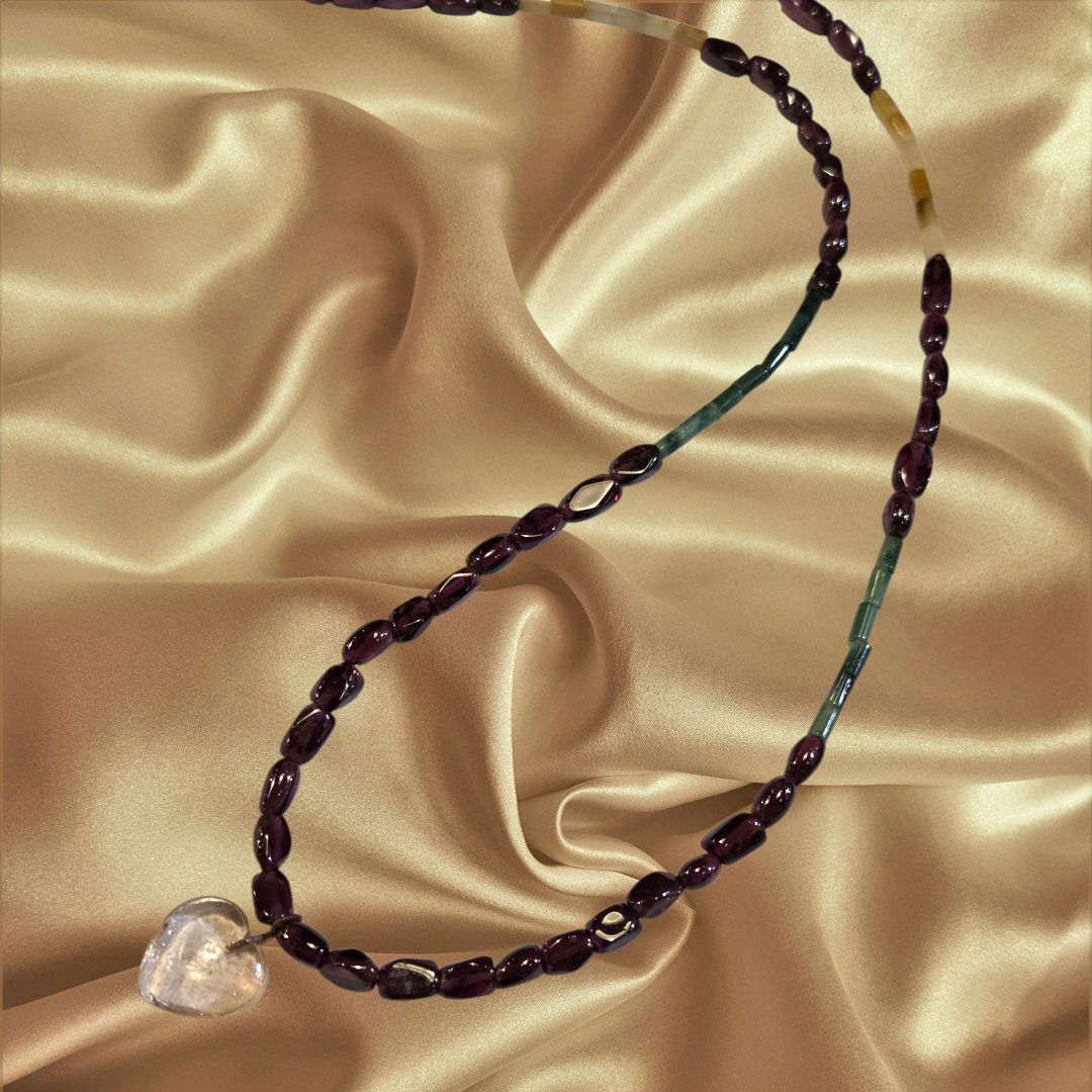 Duyssen Necklace Garnet, Gold Jade, African Jade with Glass Heart Pendent