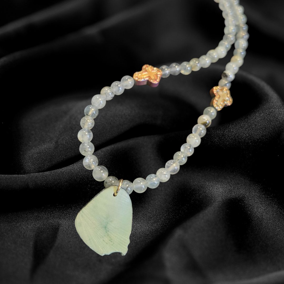 Duyssen Necklace Green Prehnite, Gold Plated Crosses, and Green Pendent