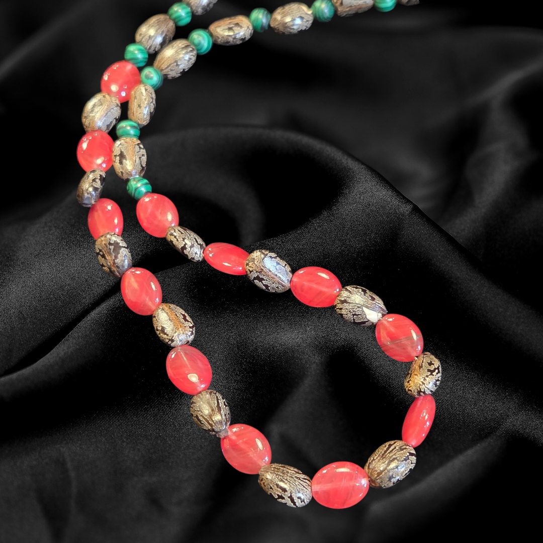 Duyssen Necklace Botanical Seeds, Green Malachite, and Orange Glass Beads