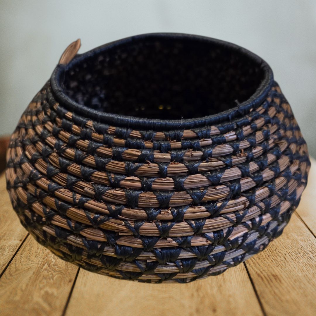 Boehly Woven Pine Needle Basket Navy Triangles