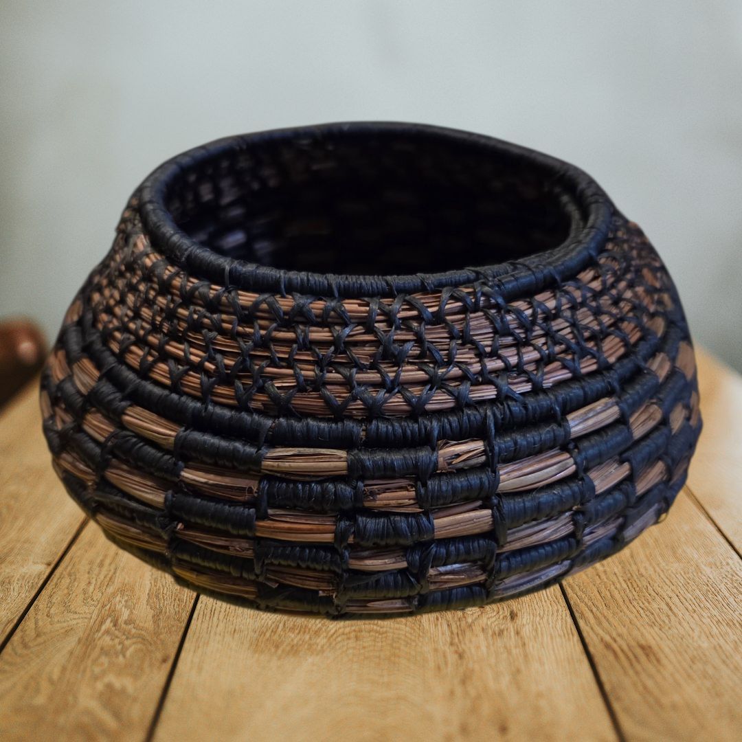 Boehly Woven Pine Needle Basket Navy Checker