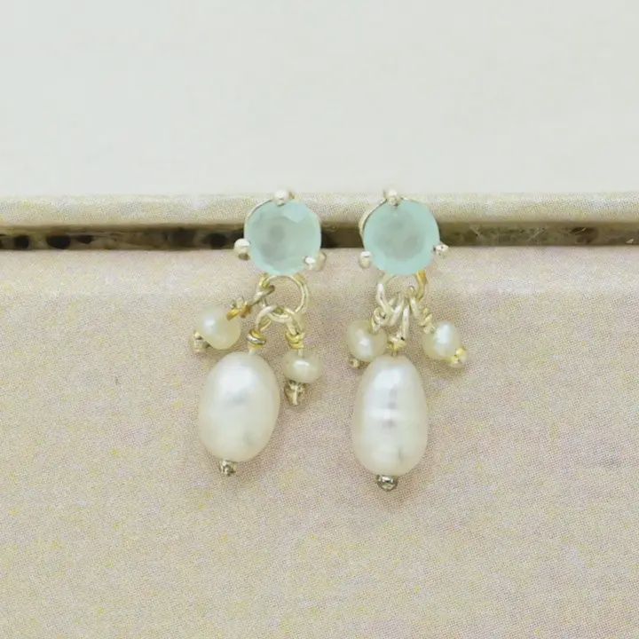 Schmu Earrings Emily Pearl and Aquamarine Chalcedony