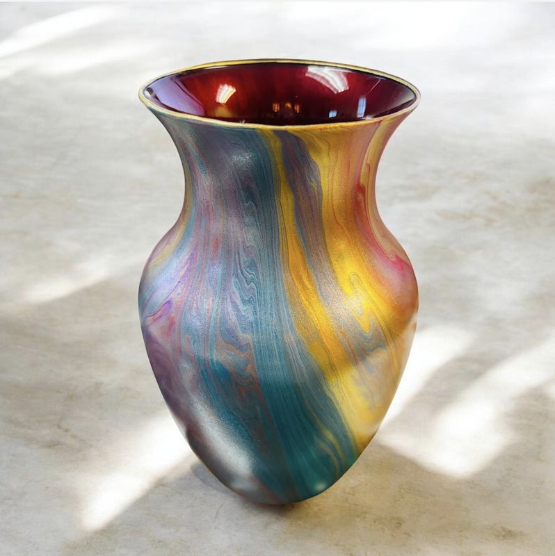 Stevenson 7" Red, Gold, Purple and Turquoise Vase with Red Interior