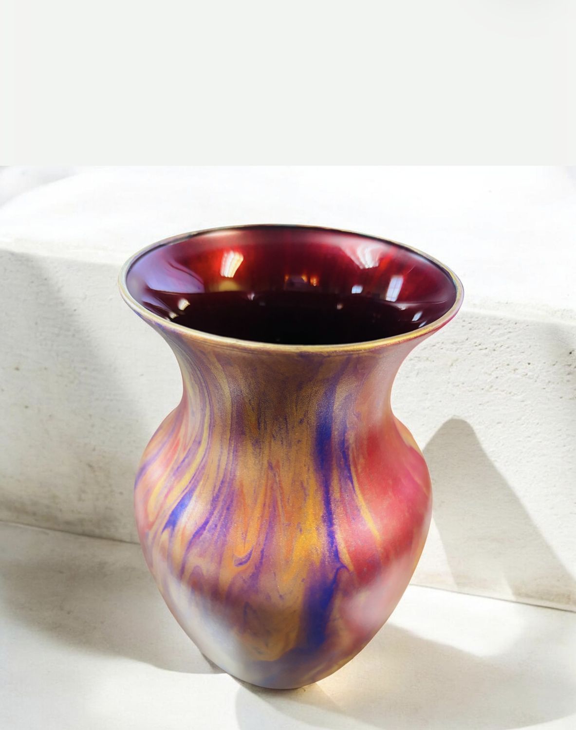 Stevenson 7 Inch Red, Gold and Purple Vase with Red Interior